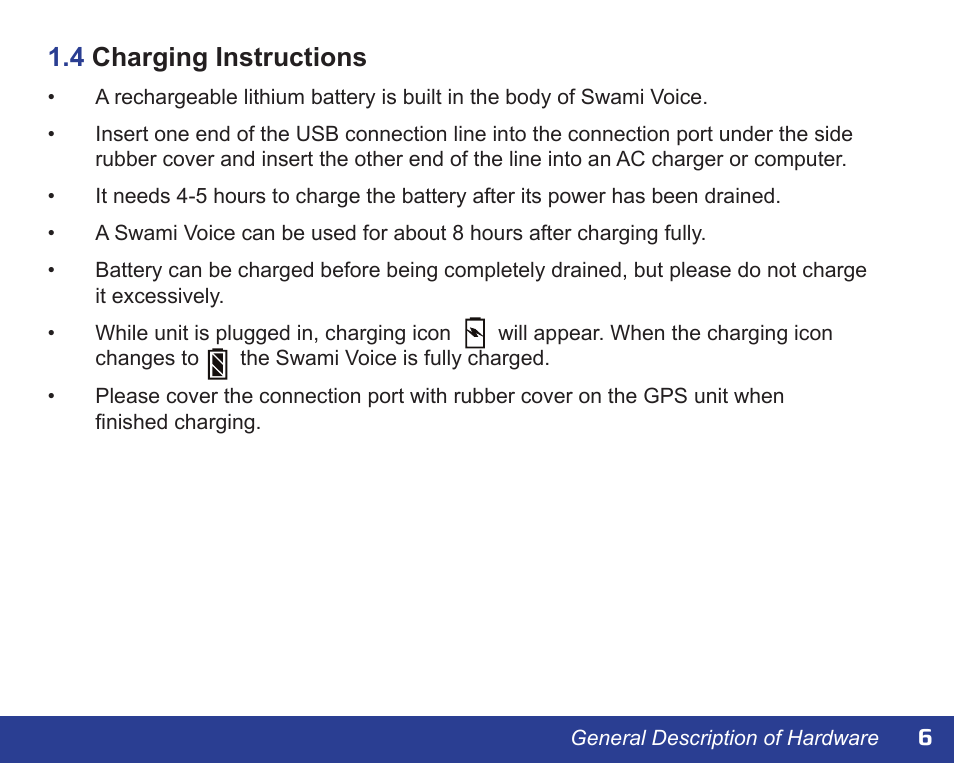 4 charging instructions | Izzo Golf swami-voice-golf-gps User Manual | Page 7 / 16