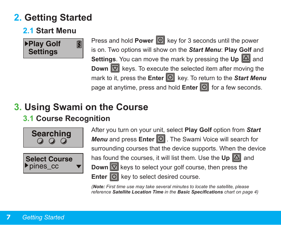 Getting started, Using swami on the course, Searching | Izzo Golf swami-voice-golf-gps User Manual | Page 8 / 16