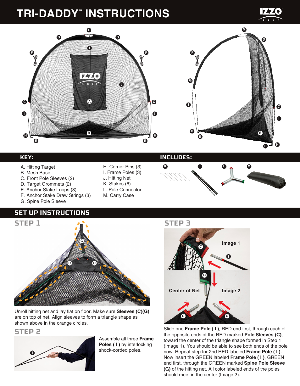 Tri-daddy, Instructions, Step 1 step 3 step 2 | Set up instructions, Key: includes | Izzo Golf tri-daddy-hitting-net User Manual | Page 2 / 2
