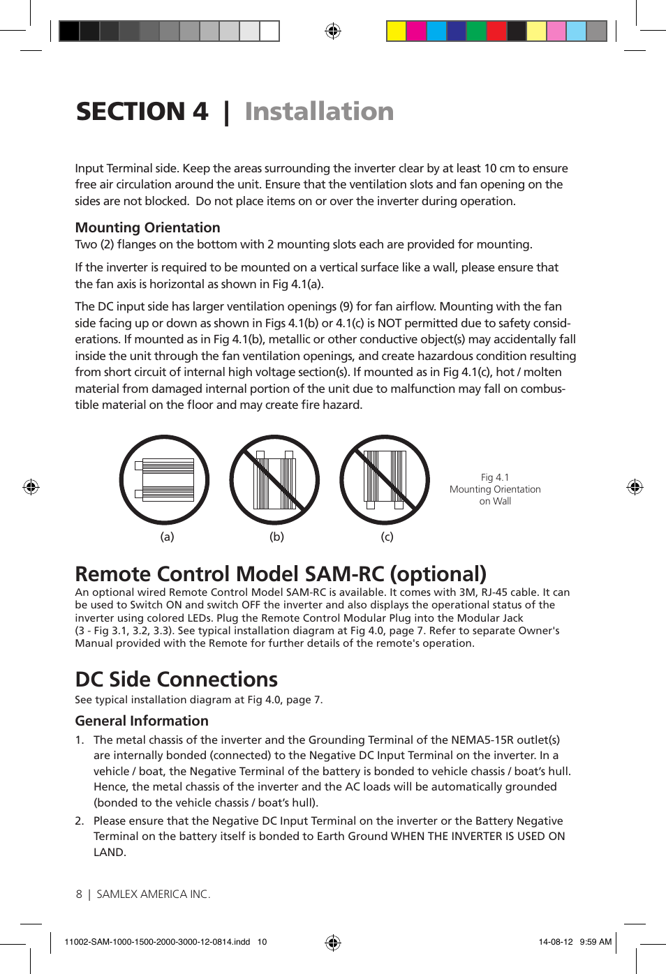 Remote control model sam-rc (optional), Dc side connections | Samlex America SAM-3000-12 User Manual | Page 10 / 32