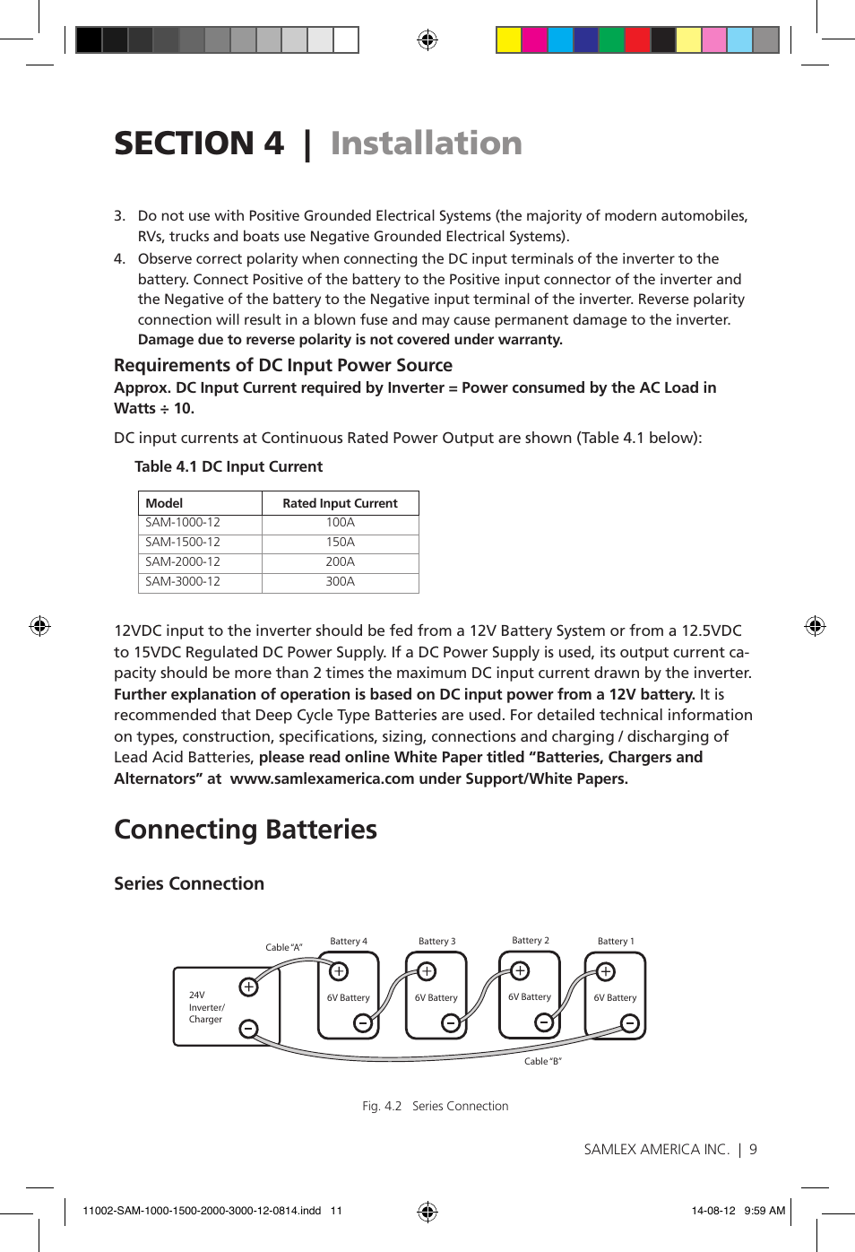 Connecting batteries, Requirements of dc input power source, Series connection | Samlex America SAM-3000-12 User Manual | Page 11 / 32