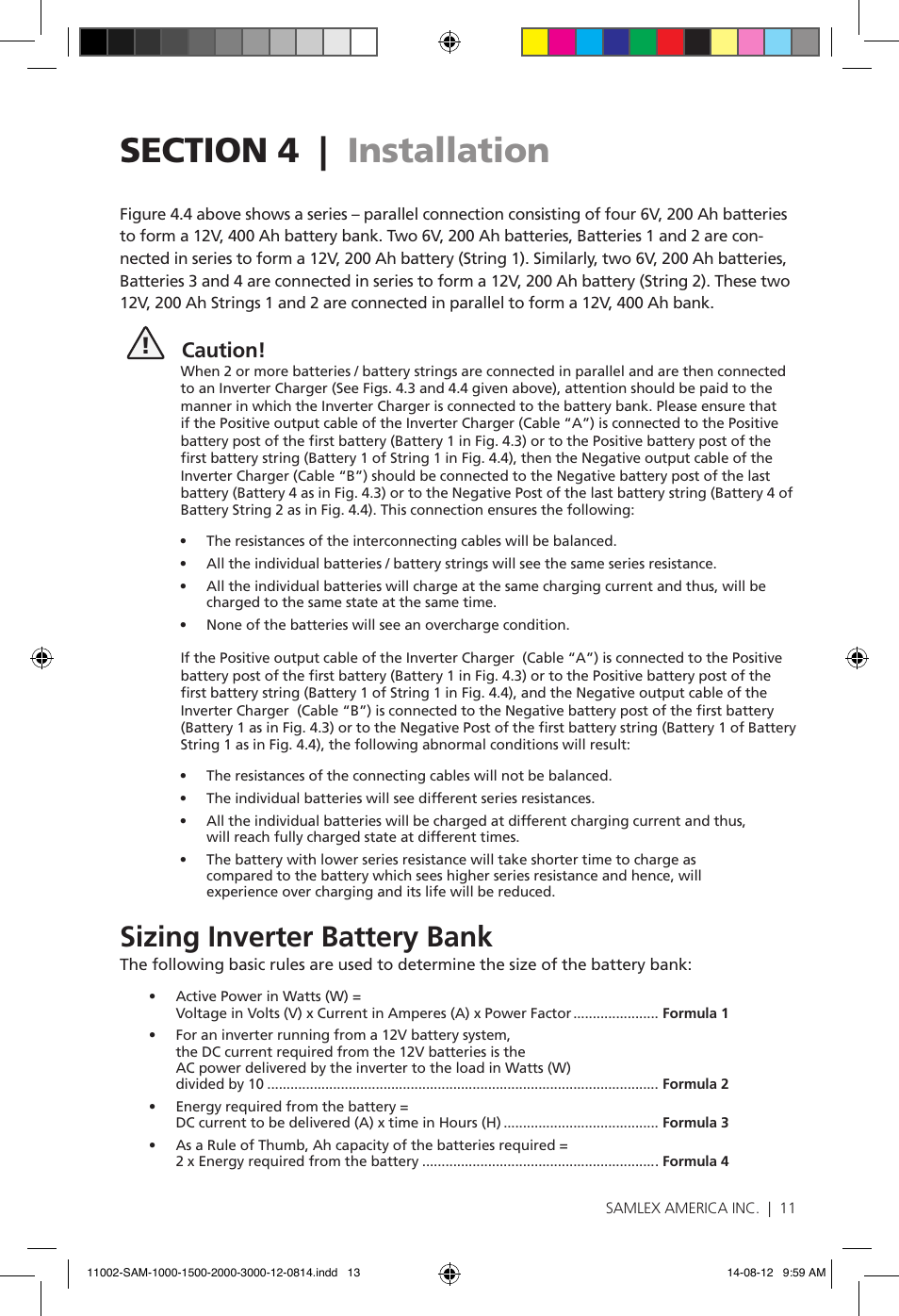 Sizing inverter battery bank, Caution | Samlex America SAM-3000-12 User Manual | Page 13 / 32