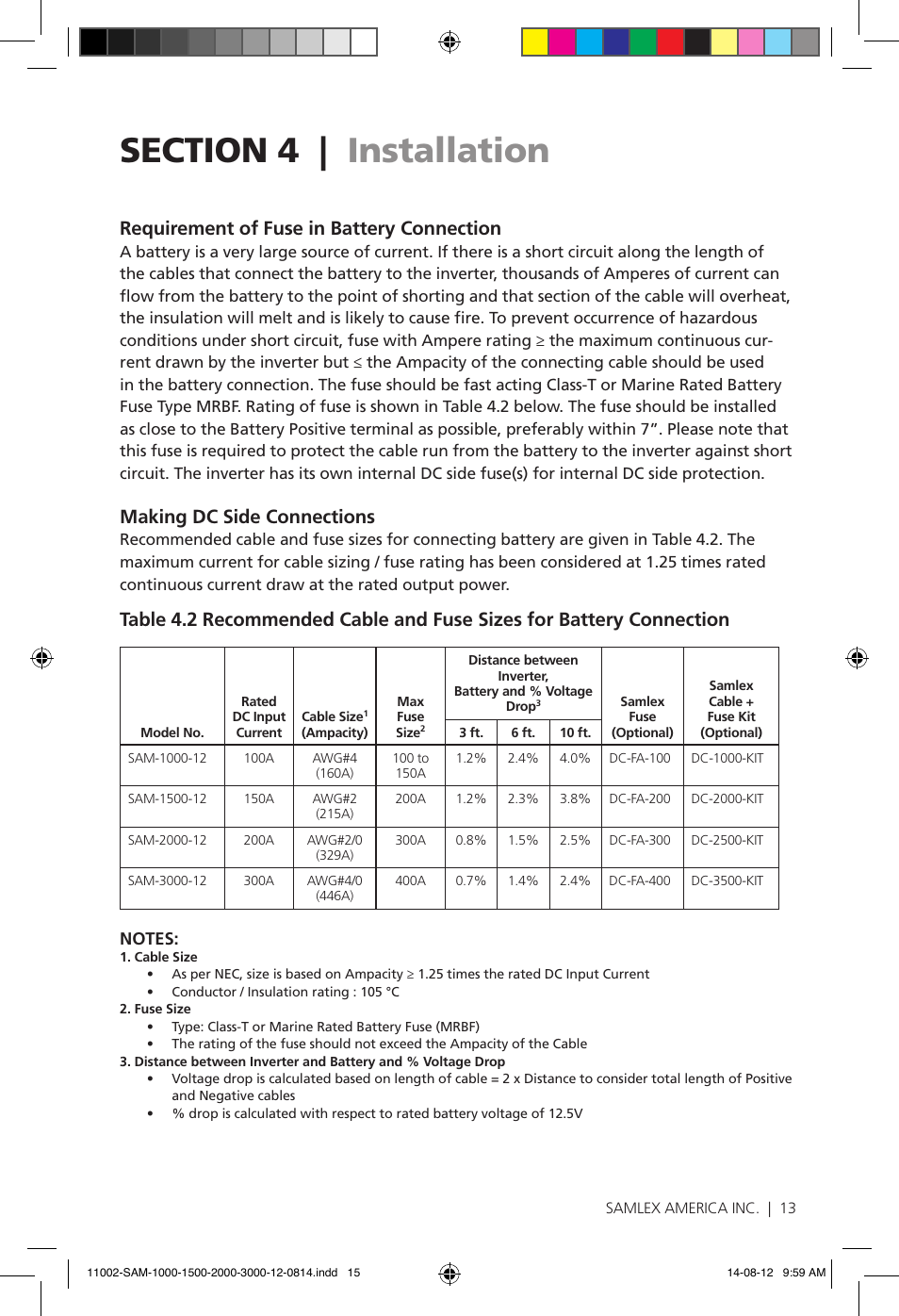 Requirement of fuse in battery connection, Making dc side connections | Samlex America SAM-3000-12 User Manual | Page 15 / 32