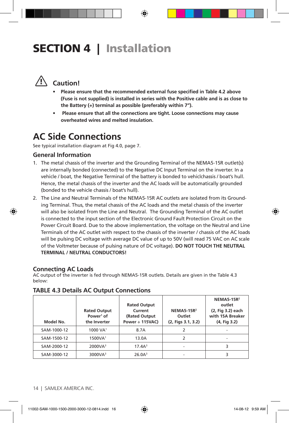 Ac side connections, Caution, General information | Connecting ac loads, Table 4.3 details ac output connections | Samlex America SAM-3000-12 User Manual | Page 16 / 32