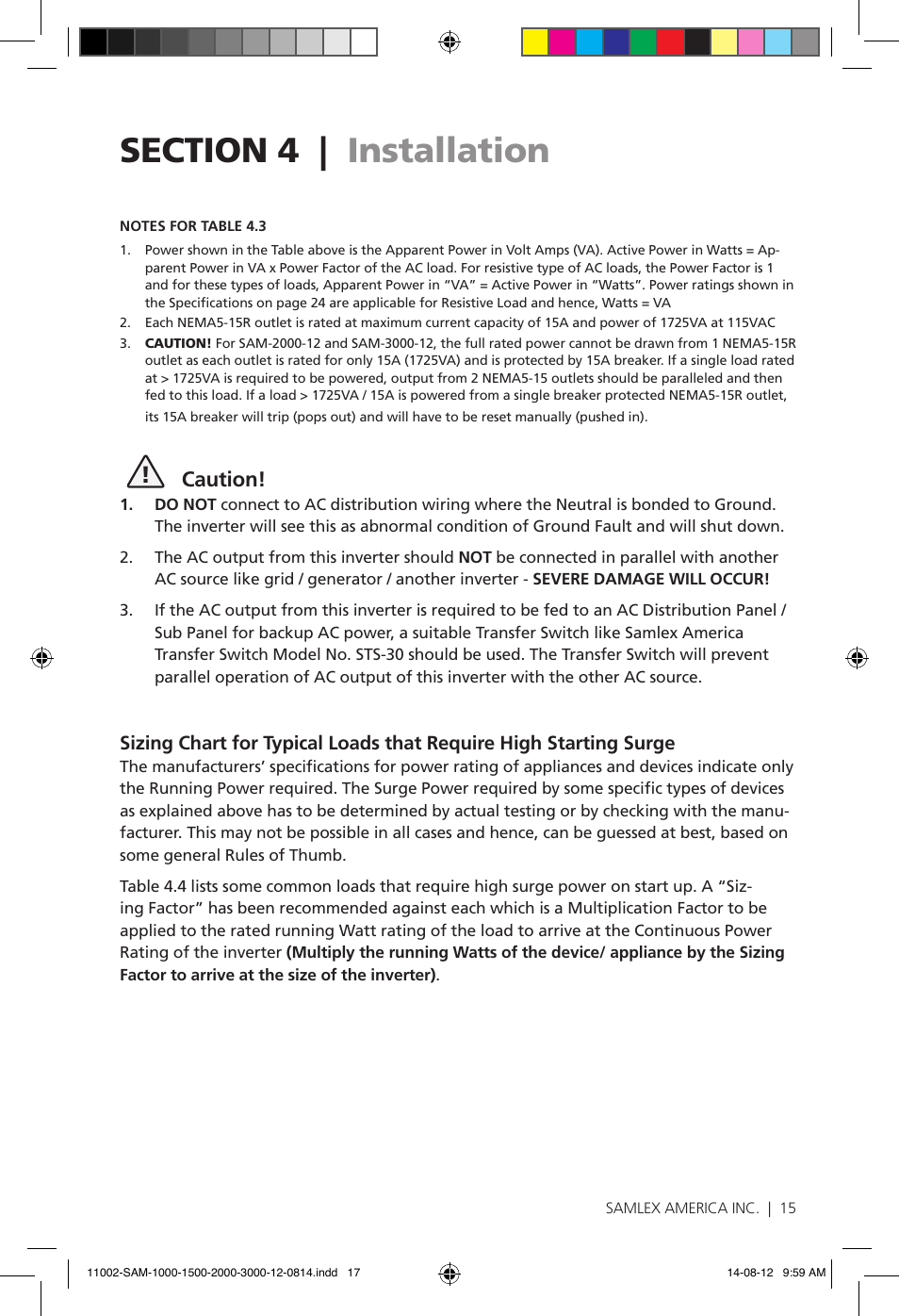 Caution | Samlex America SAM-3000-12 User Manual | Page 17 / 32