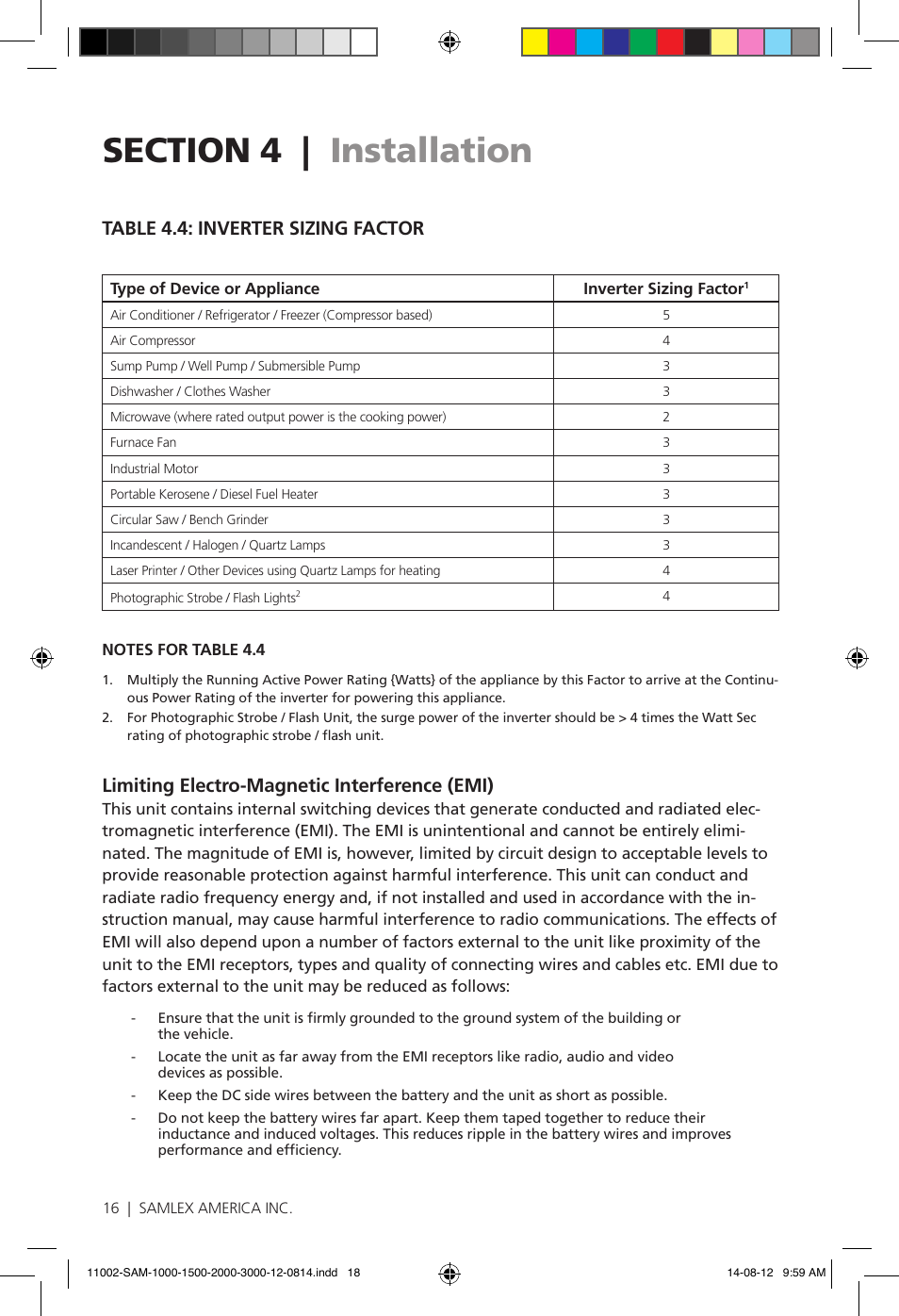 Table 4.4: inverter sizing factor, Limiting electro-magnetic interference (emi) | Samlex America SAM-3000-12 User Manual | Page 18 / 32