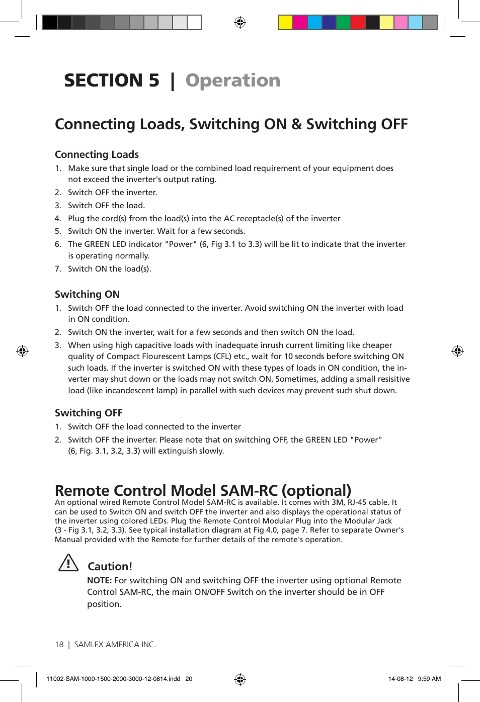 Connecting loads, switching on & switching off, Remote control model sam-rc (optional) | Samlex America SAM-3000-12 User Manual | Page 20 / 32