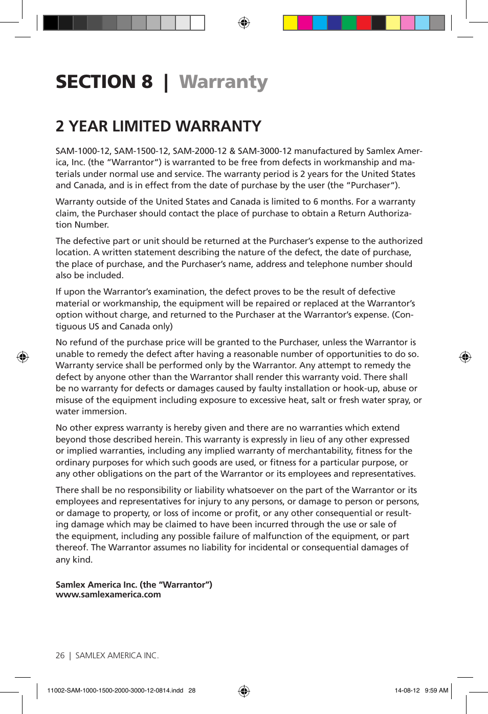 2 year limited warranty | Samlex America SAM-3000-12 User Manual | Page 28 / 32