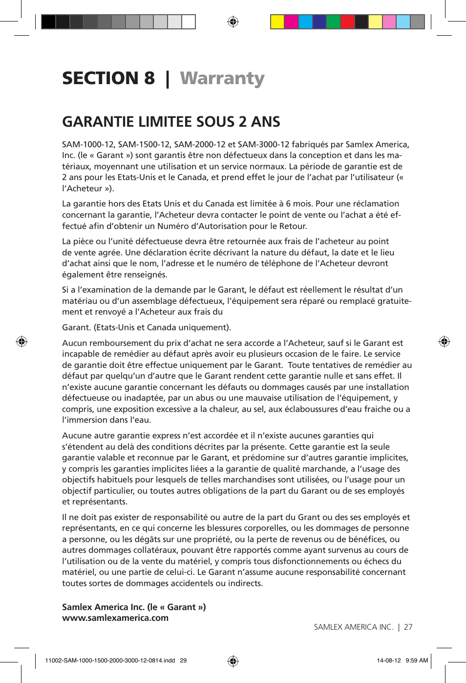 Garantie limitee sous 2 ans | Samlex America SAM-3000-12 User Manual | Page 29 / 32