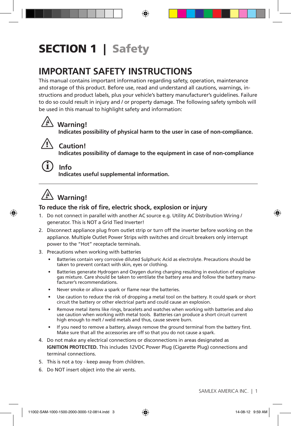 Important safety instructions, Warning, Caution | Info | Samlex America SAM-3000-12 User Manual | Page 3 / 32