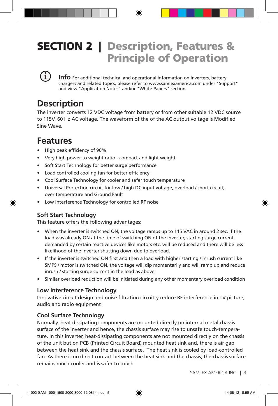 Description, Features | Samlex America SAM-3000-12 User Manual | Page 5 / 32