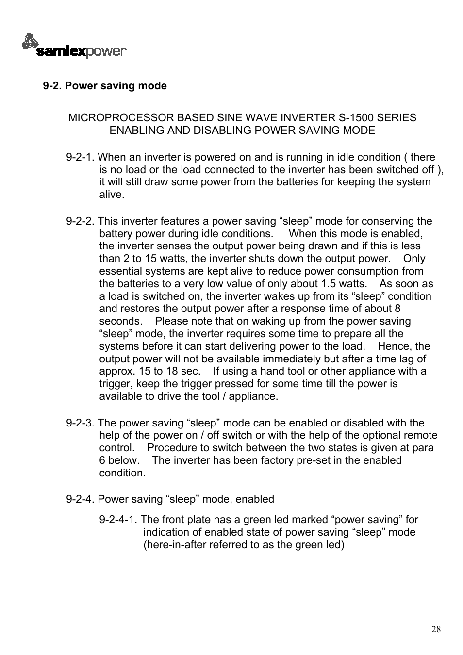2-4. power saving “sleep” mode, enabled | Samlex America SA-1500 User Manual | Page 30 / 34
