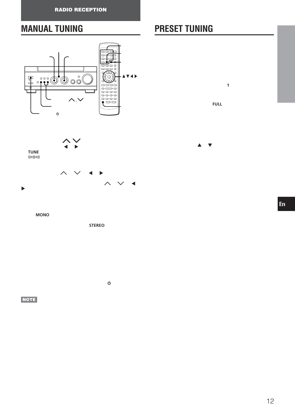 Preset tuning, Manual tuning, Presetting stations | Tuning in preset stations | Aiwa AV-NW30 User Manual | Page 12 / 20