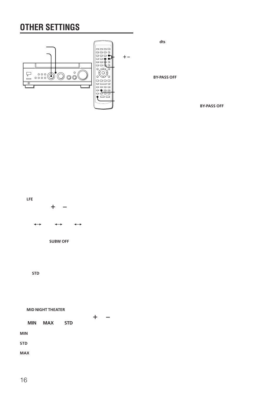 Other settings, Adjusting low frequency sound effect (lfe), Adjusting dynamic range | Aiwa AV-NW30 User Manual | Page 16 / 20