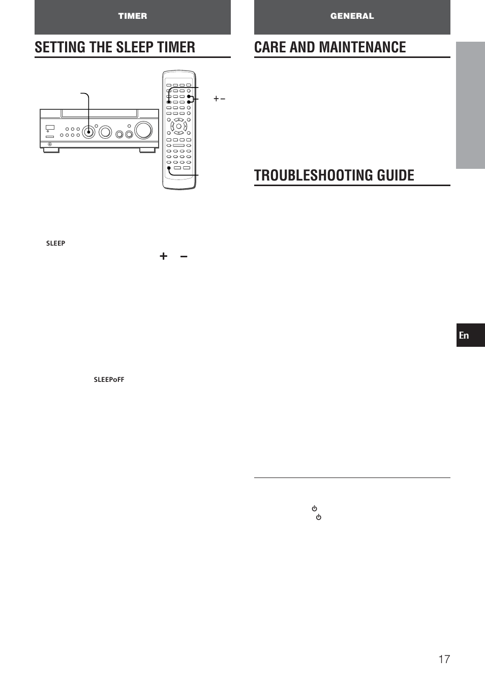 Setting the sleep timer, Care and maintenance, Troubleshooting guide | General | Aiwa AV-NW30 User Manual | Page 17 / 20