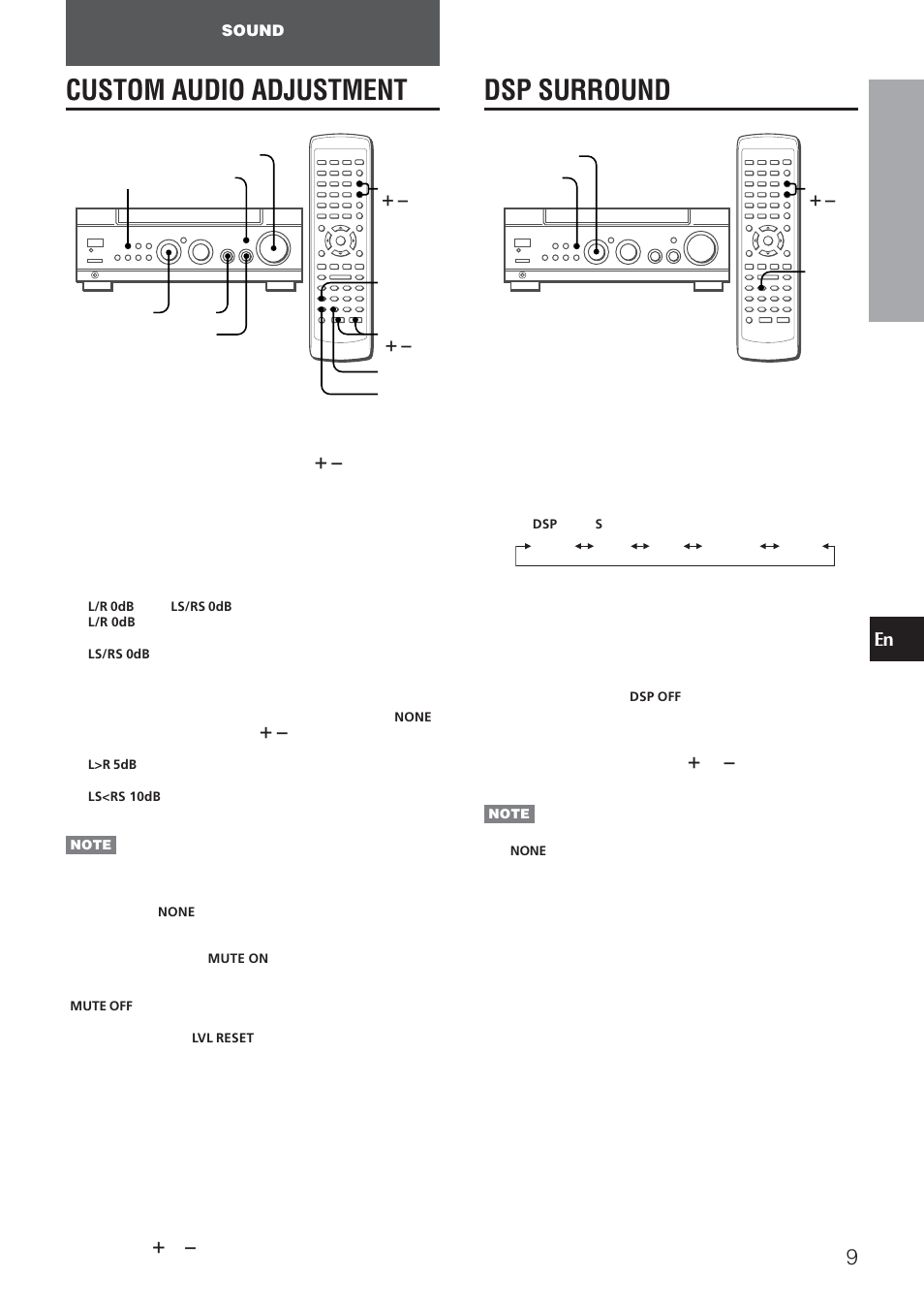 Custom audio adjustment, Dsp surround, Volume control | Bass and treble, Sound adjustment during recording | Aiwa AV-NW30 User Manual | Page 9 / 20