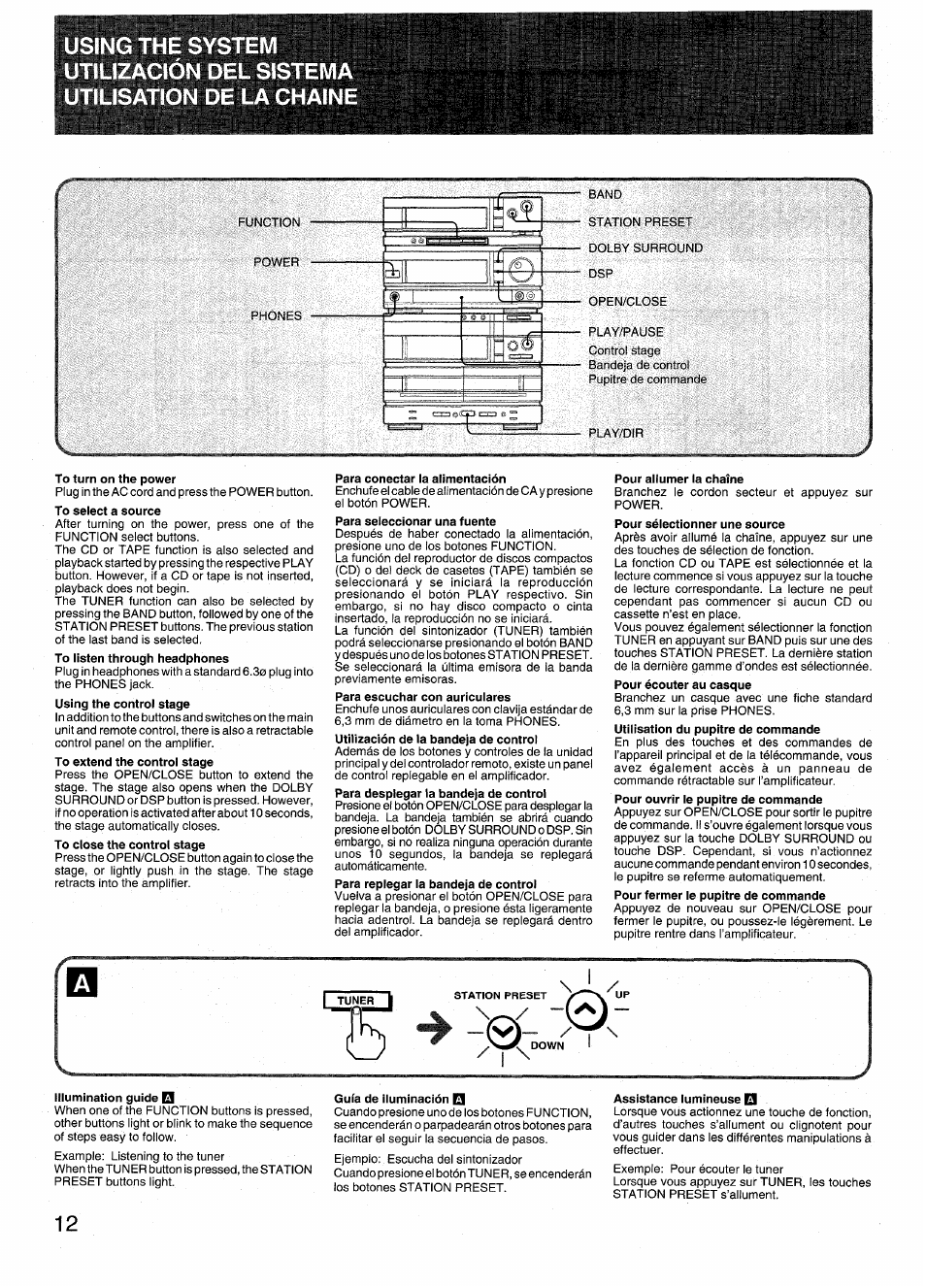 To turn on the power, Para conectar la alimentación, Pour allumer la chaîne | Illumination guide q, Guía de iluminación q, Assistance lumineuse el, Using the system utilización del si | Aiwa RX-N939U User Manual | Page 12 / 80