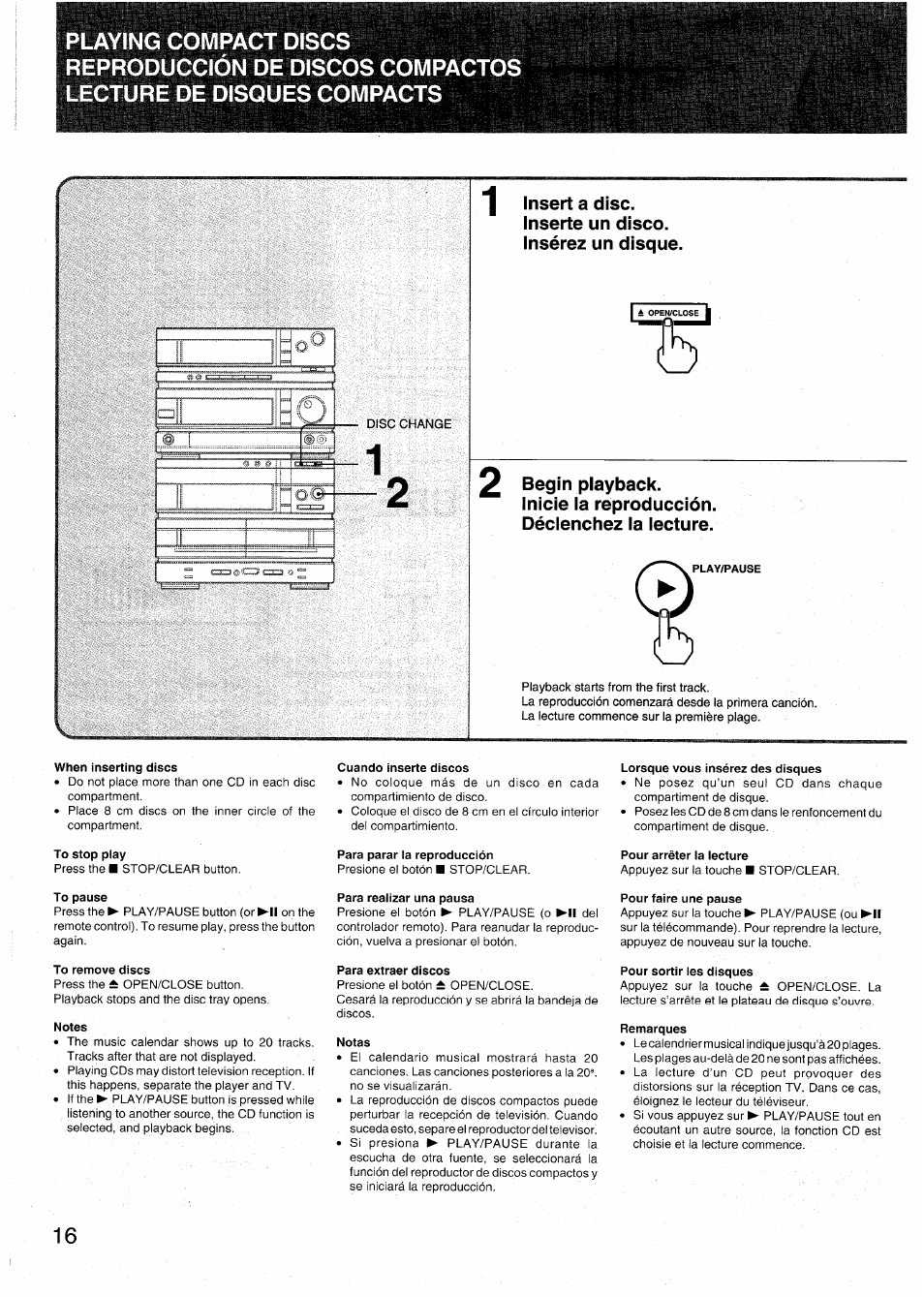 When inserting discs, To stop play, To pause | To remove discs, Notes, Cuando inserte discos, Para parar la reproducción, Para realizar una pausa, Para extraer discos, Notas | Aiwa RX-N939U User Manual | Page 16 / 80