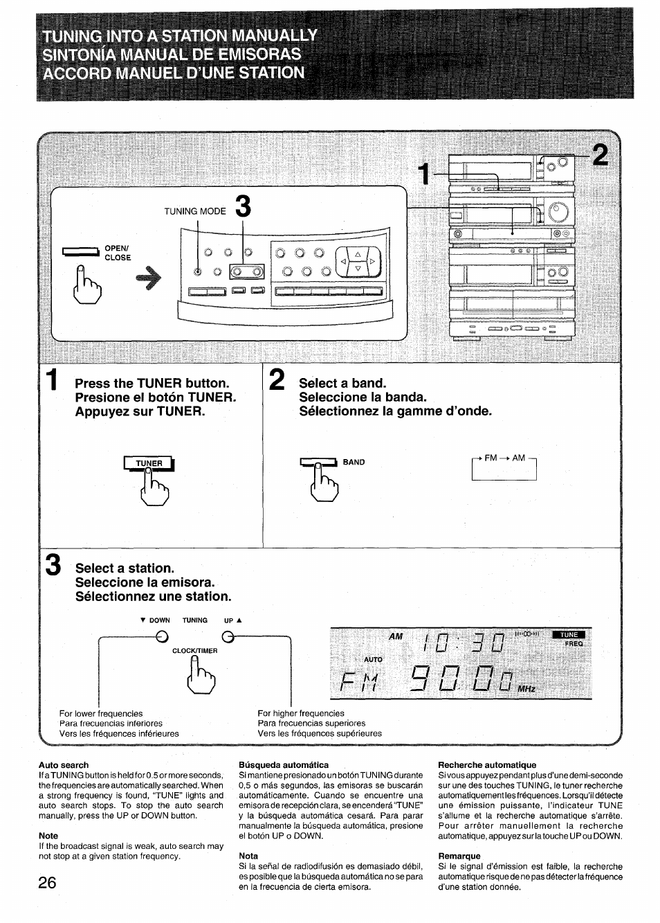 Auto search, Note, Búsqueda automática | Nota, Recherche automatique, Remarque | Aiwa RX-N939U User Manual | Page 26 / 80