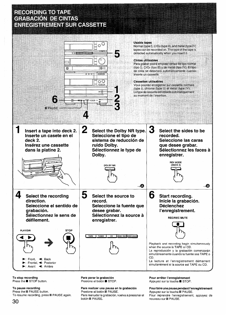 Usable tapes, Cintas utilizables, Cassettes ulilisables | To stop recording, To pause recording, Para parar ia grabación, Para realizar una pausa en la grabación, Pour arrêter l’enregistrement, Pourfaire une pause pendant l’enregistrement | Aiwa RX-N939U User Manual | Page 30 / 80
