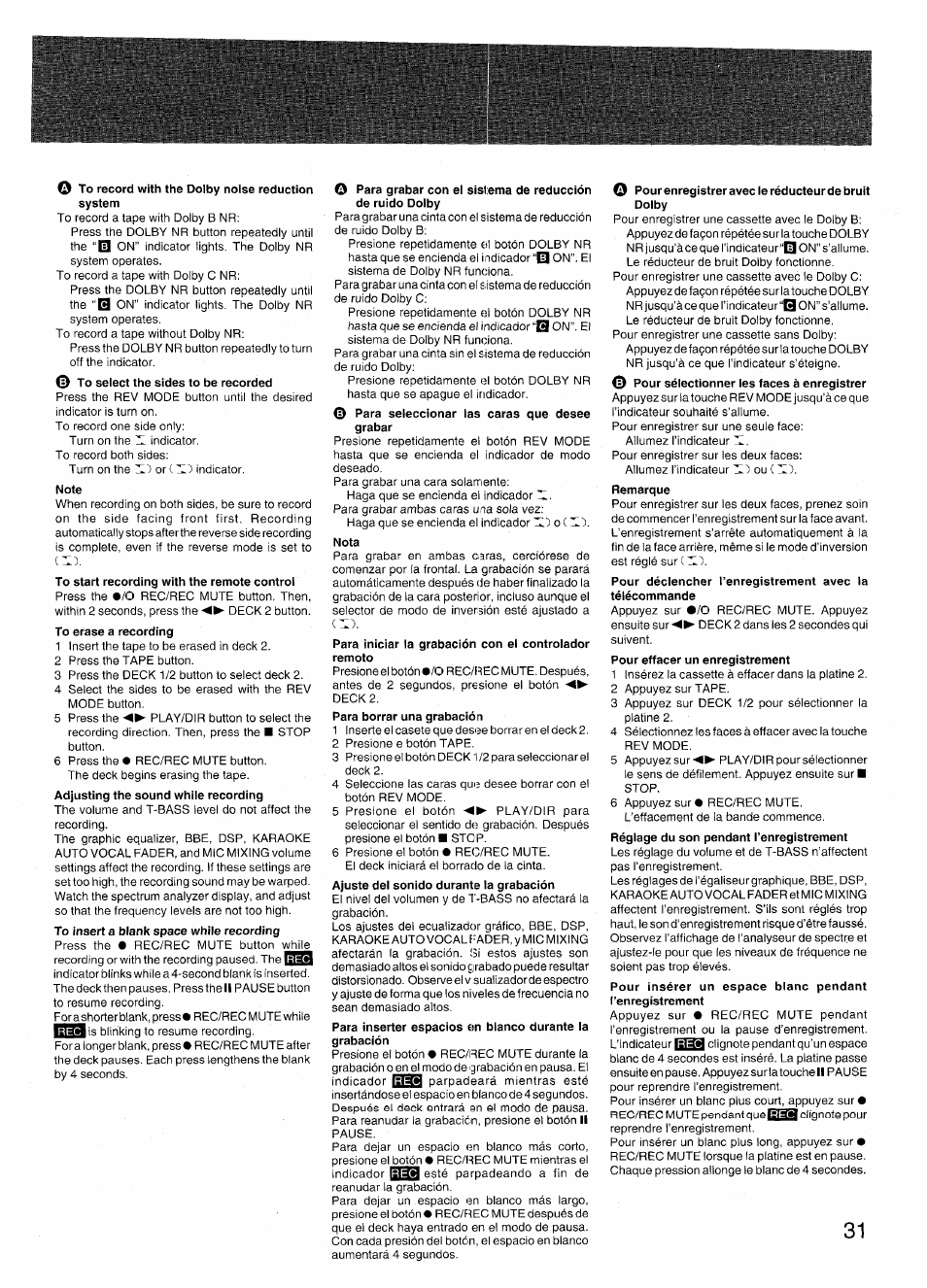 0 to record with the dolby noise reduction system, Note, Nota | Aiwa RX-N939U User Manual | Page 31 / 80