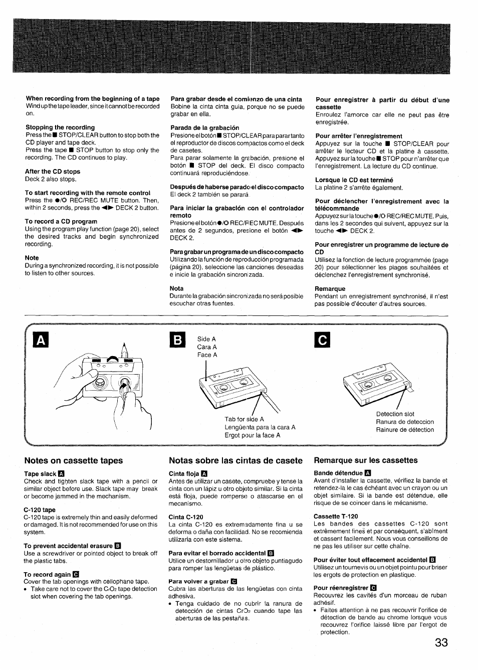 When recording from the beginning of a tape, Stopping the recording, After the cd stops | To start recording with the remote control, To record a cd program, Note, Para grabar desde el comienzo de una cinta, Parada de la grabación, Después de haberse parado el disco compacto, Para grabar un programa de un disco compacto | Aiwa RX-N939U User Manual | Page 33 / 80