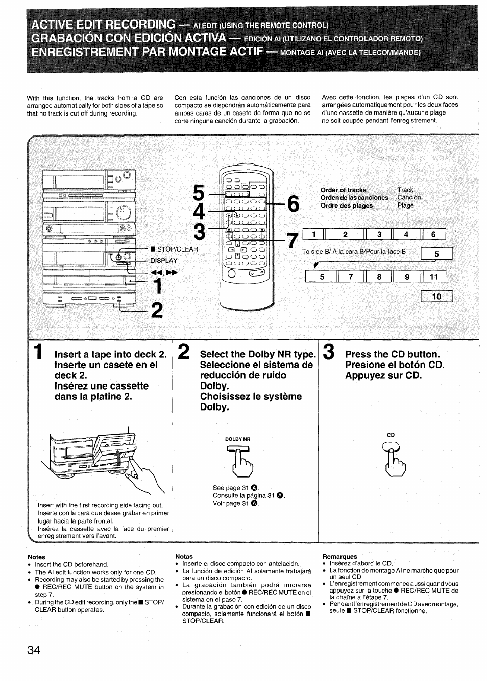 Order of tracks track, Notes, Notas | Remarques, Active edit recording, Grabación con edición activa, Egistrement par montage actif | Aiwa RX-N939U User Manual | Page 34 / 80