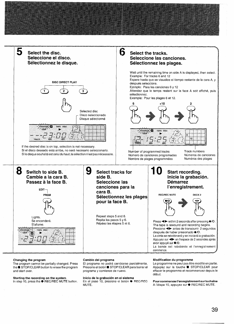 Changing the program, Starting the recording on the system, Cambio dei programa | Inicio de la grabación en el sistema, Modification du programme | Aiwa RX-N939U User Manual | Page 39 / 80