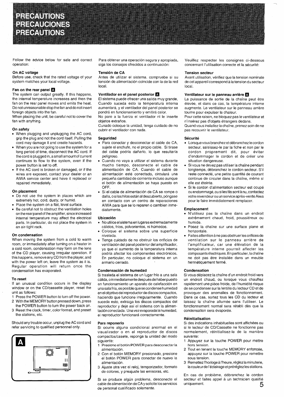 On ac voltage, Fan on the rear panel q, On safety | On placement, On condensation, To reset, Tensión de ca, Ventilador en el panel posterior qj, Seguridad, Ubicación | Aiwa RX-N939U User Manual | Page 5 / 80