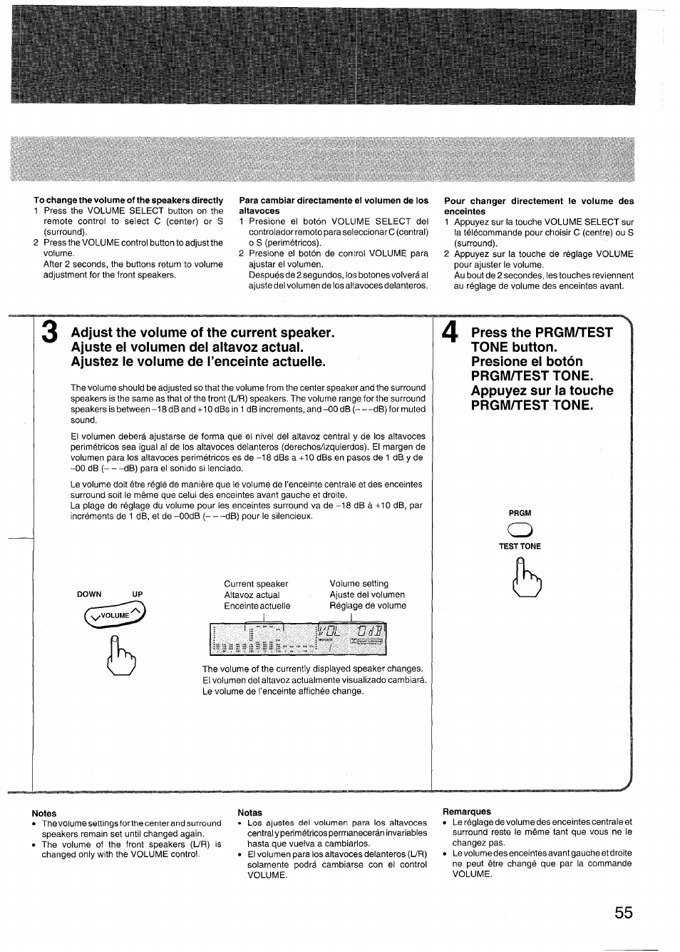 To change the volume of the speakers directly, Pour changer directement le volume des enceintes, Notes | Notas, Remarques | Aiwa RX-N939U User Manual | Page 55 / 80