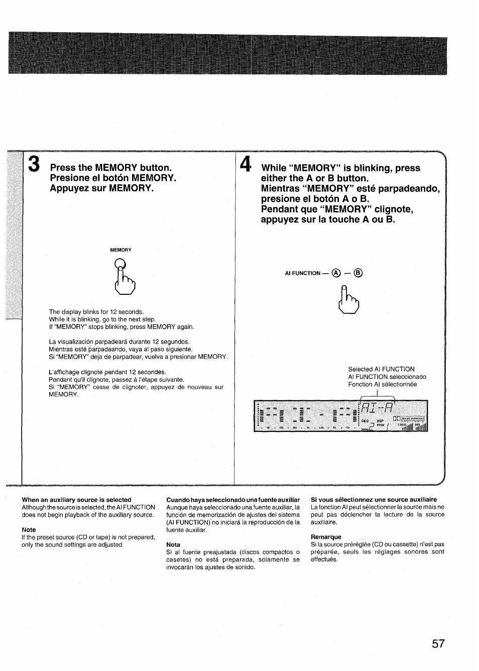 When an auxiliary source is selected, Note, Cuando haya seleccionado una fuente auxiliar | Nota, Si vous sélectionnez une source auxiliaire, Remarque | Aiwa RX-N939U User Manual | Page 57 / 80