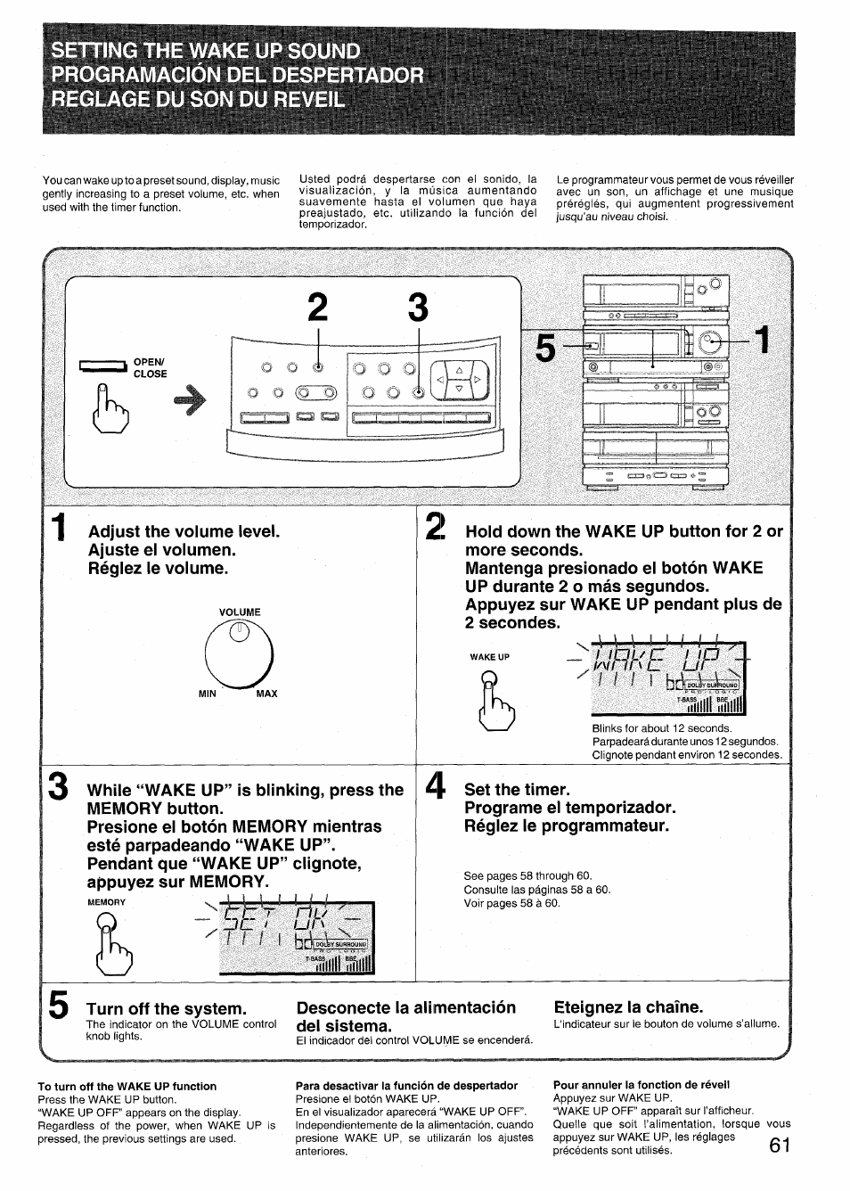To turn off the wake up function, Para desactivar ia función de despertador, Pour annuler la fonction de réveil | Aiwa RX-N939U User Manual | Page 61 / 80
