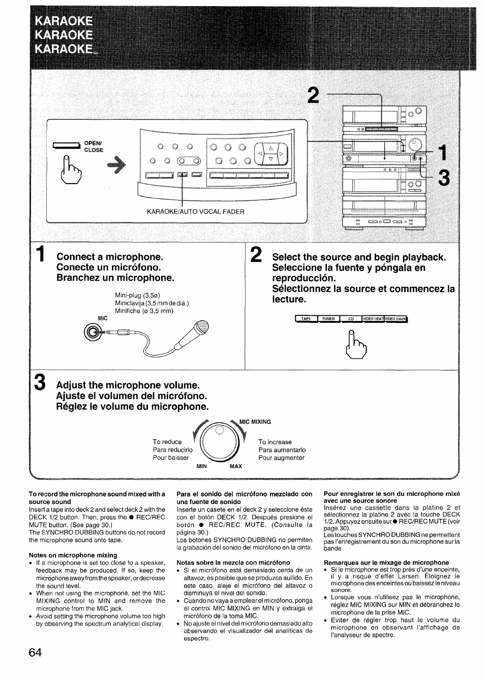 Notes on microphone mixing, Notas sobre la mezcla con micrófono, Remarques sur le mixage de microphone | Aiwa RX-N939U User Manual | Page 64 / 80