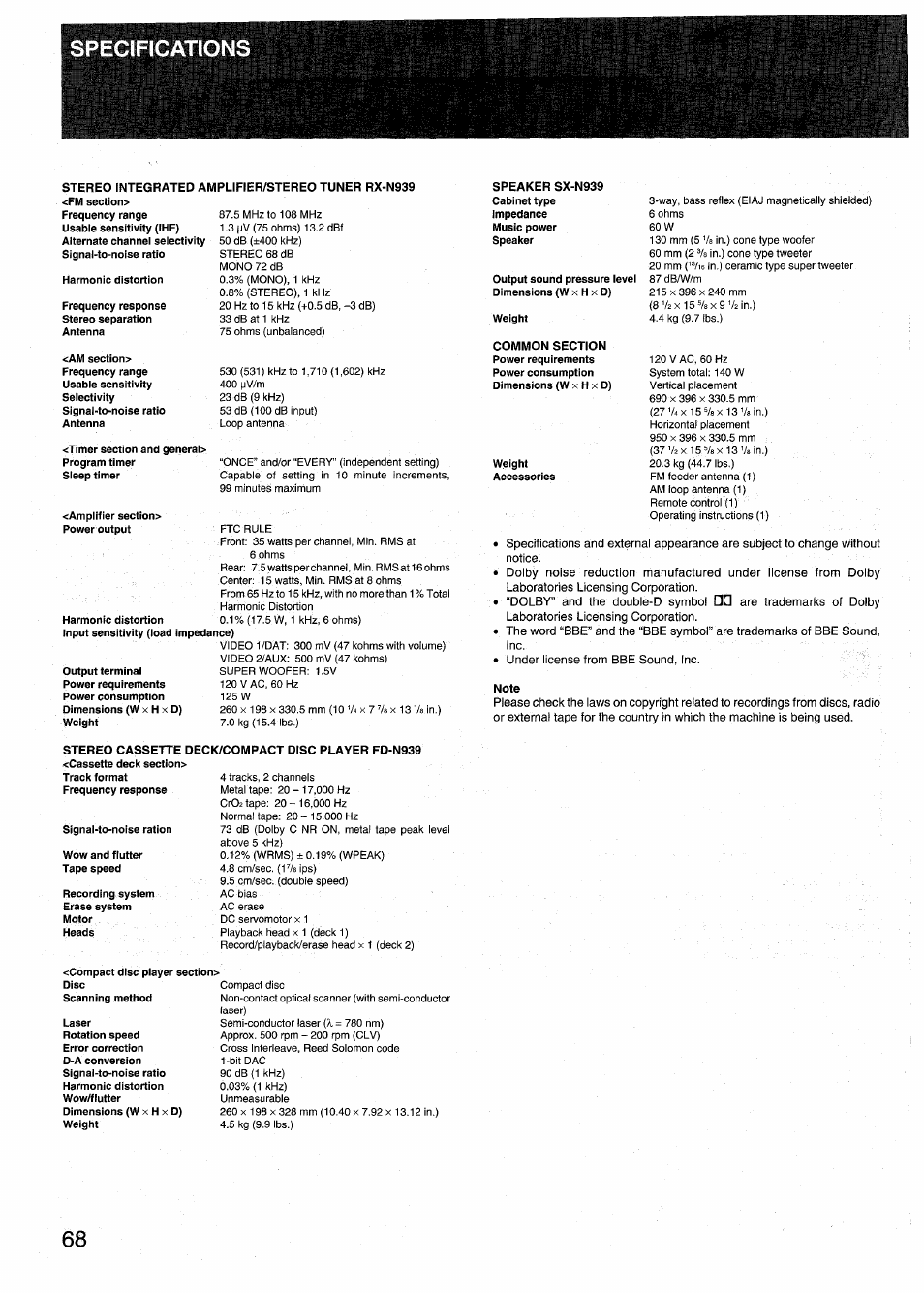 Stereo integrated amplifier/stereo tuner rx-n939, Note | Aiwa RX-N939U User Manual | Page 68 / 80