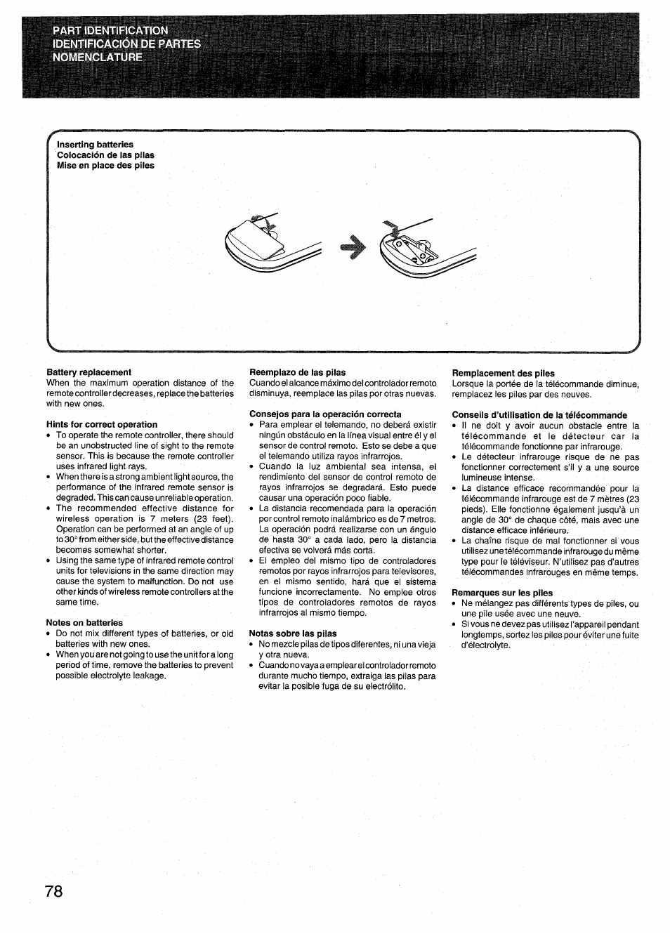Battery replacement, Hints for correct operation, Notes on batteries | Reemplazo de las pilas, Consejos para la operación correcta, Notas sobre las pilas, Remplacement des piles, Conseils d’utilisation de la télécommande, Remarques sur les piles | Aiwa RX-N939U User Manual | Page 78 / 80