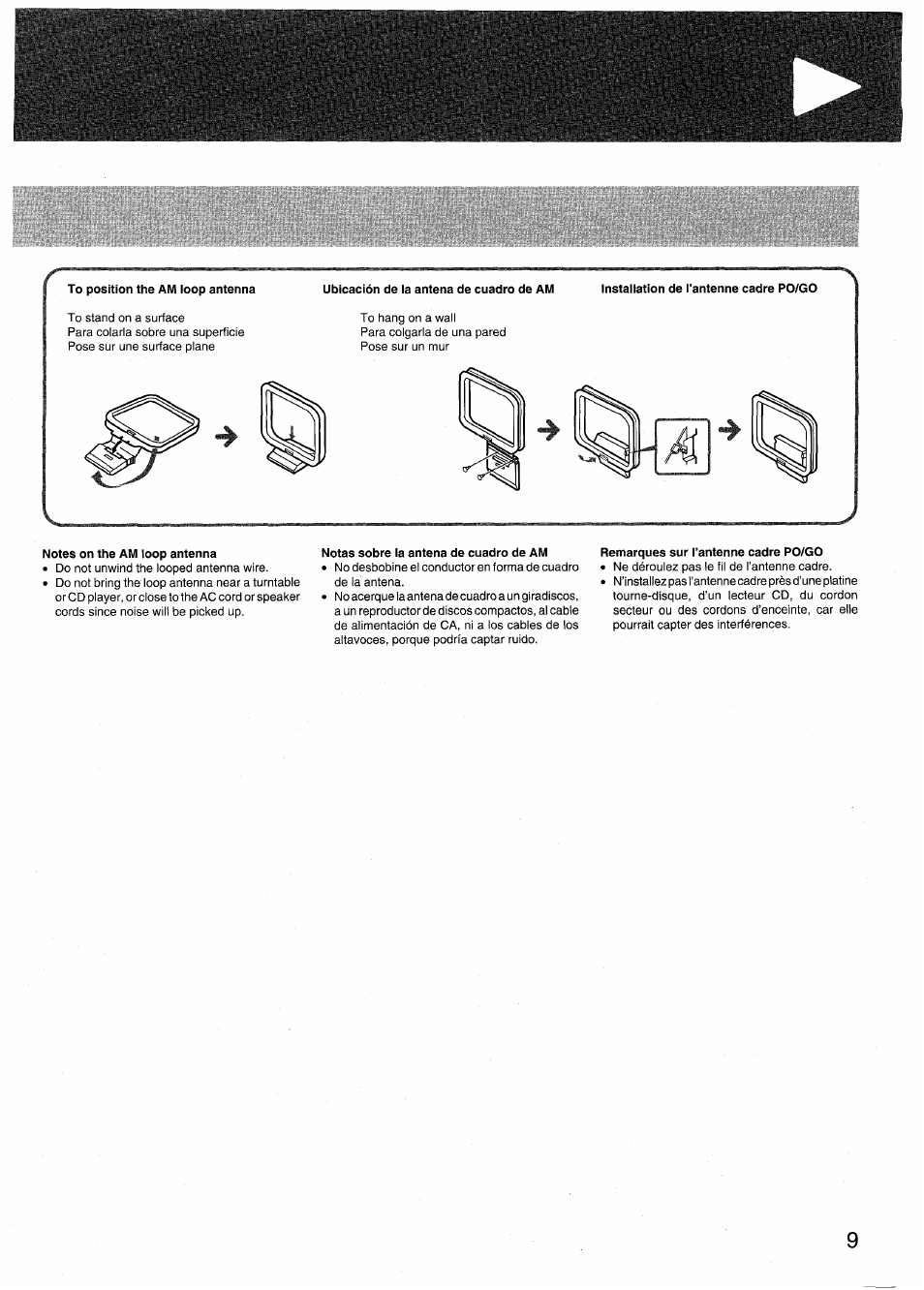 To position the am ioop antenna, Ubicación de ia antena de cuadro de am, Installation de l'antenne cadre po/go | Notes on the am loop antenna, Notas sobre la antena de cuadro de am, Remarques sur l’antenne cadre po/go | Aiwa RX-N939U User Manual | Page 9 / 80