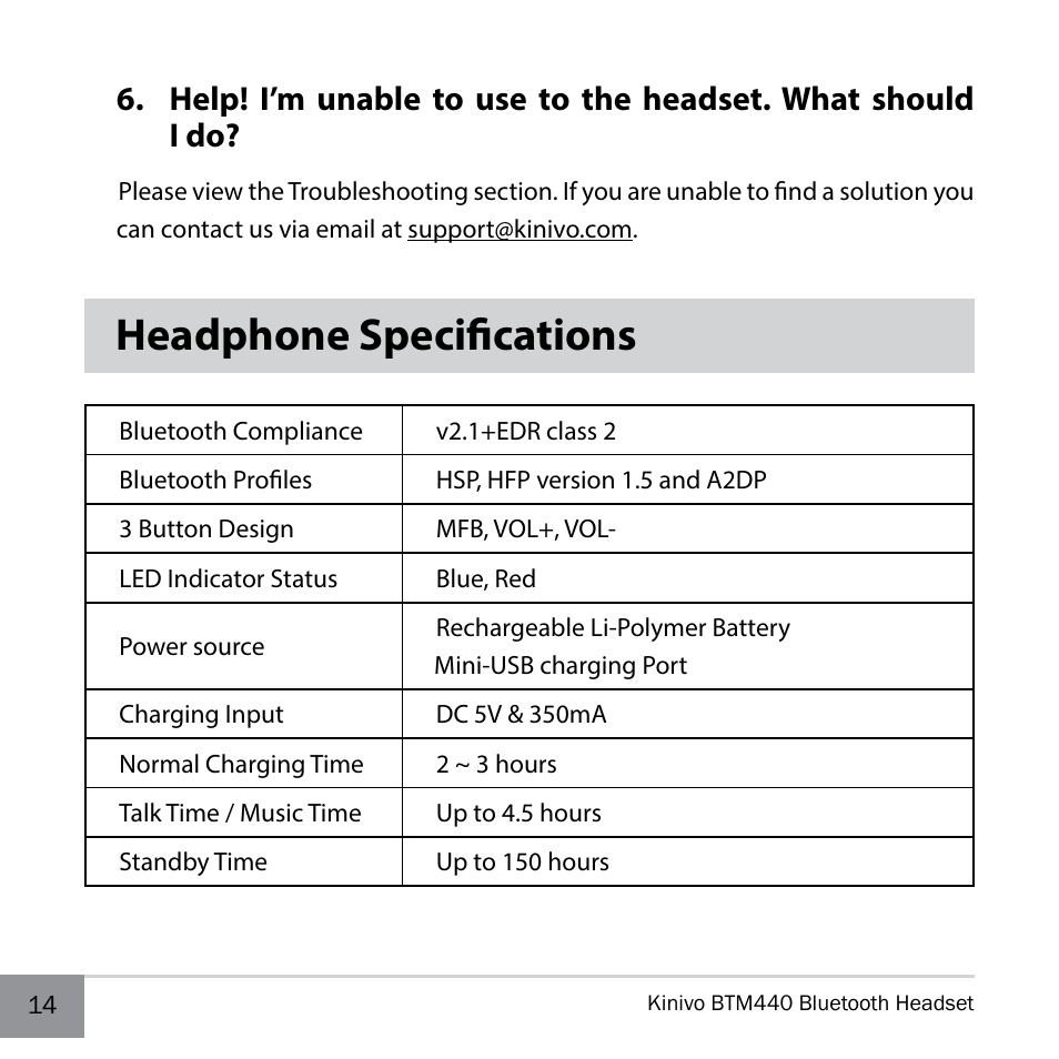 Headphone specifications | Kinivo BTM440 Bluetooth Headset User Manual | Page 14 / 18