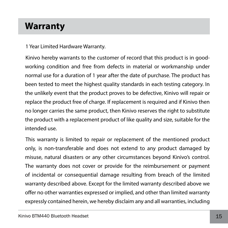 Warranty | Kinivo BTM440 Bluetooth Headset User Manual | Page 15 / 18