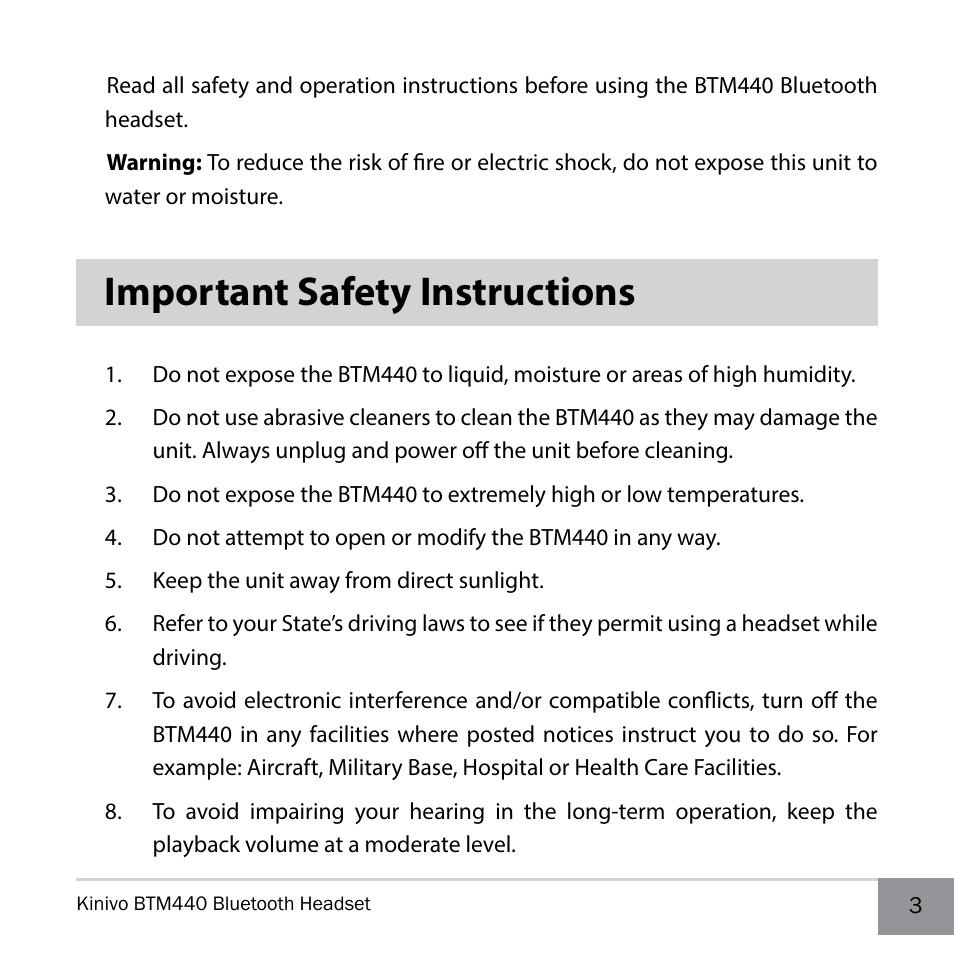 Important safety instructions | Kinivo BTM440 Bluetooth Headset User Manual | Page 3 / 18