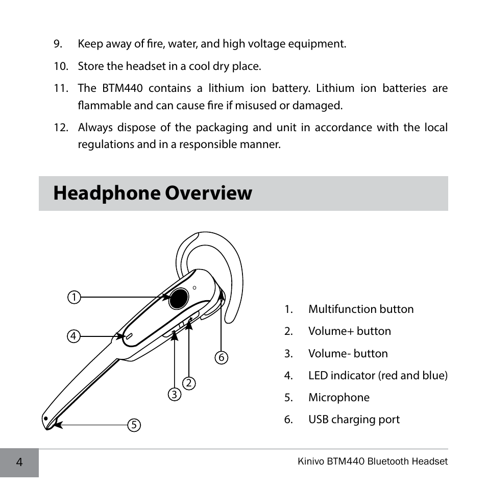 Headphone overview | Kinivo BTM440 Bluetooth Headset User Manual | Page 4 / 18