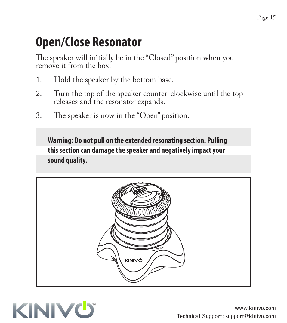 Audio output, Open/close resonator | Kinivo BTX110 Wireless Bluetooth Mini Portable Speaker User Manual | Page 18 / 27