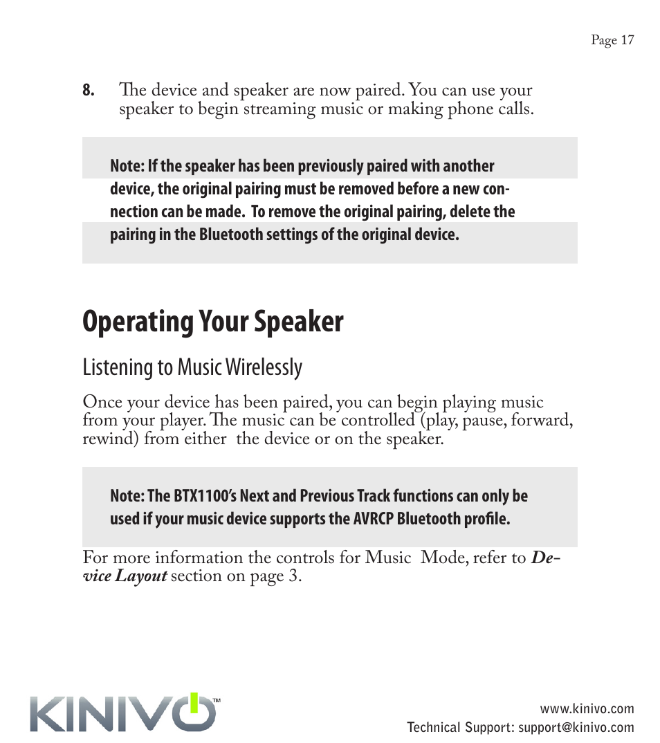 Usb port microphone, Operating your speaker, Listening to music wirelessly | Kinivo BTX110 Wireless Bluetooth Mini Portable Speaker User Manual | Page 20 / 27