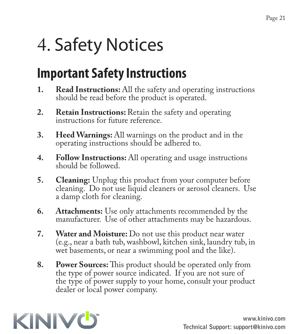 Safety notices, Important safety instructions | Kinivo BTX110 Wireless Bluetooth Mini Portable Speaker User Manual | Page 24 / 27