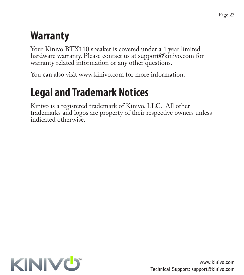 Warranty, Legal and trademark notices | Kinivo BTX110 Wireless Bluetooth Mini Portable Speaker User Manual | Page 26 / 27