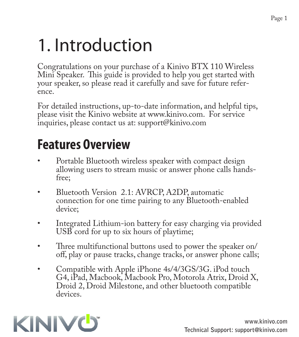 Introduction, Features overview | Kinivo BTX110 Wireless Bluetooth Mini Portable Speaker User Manual | Page 4 / 27