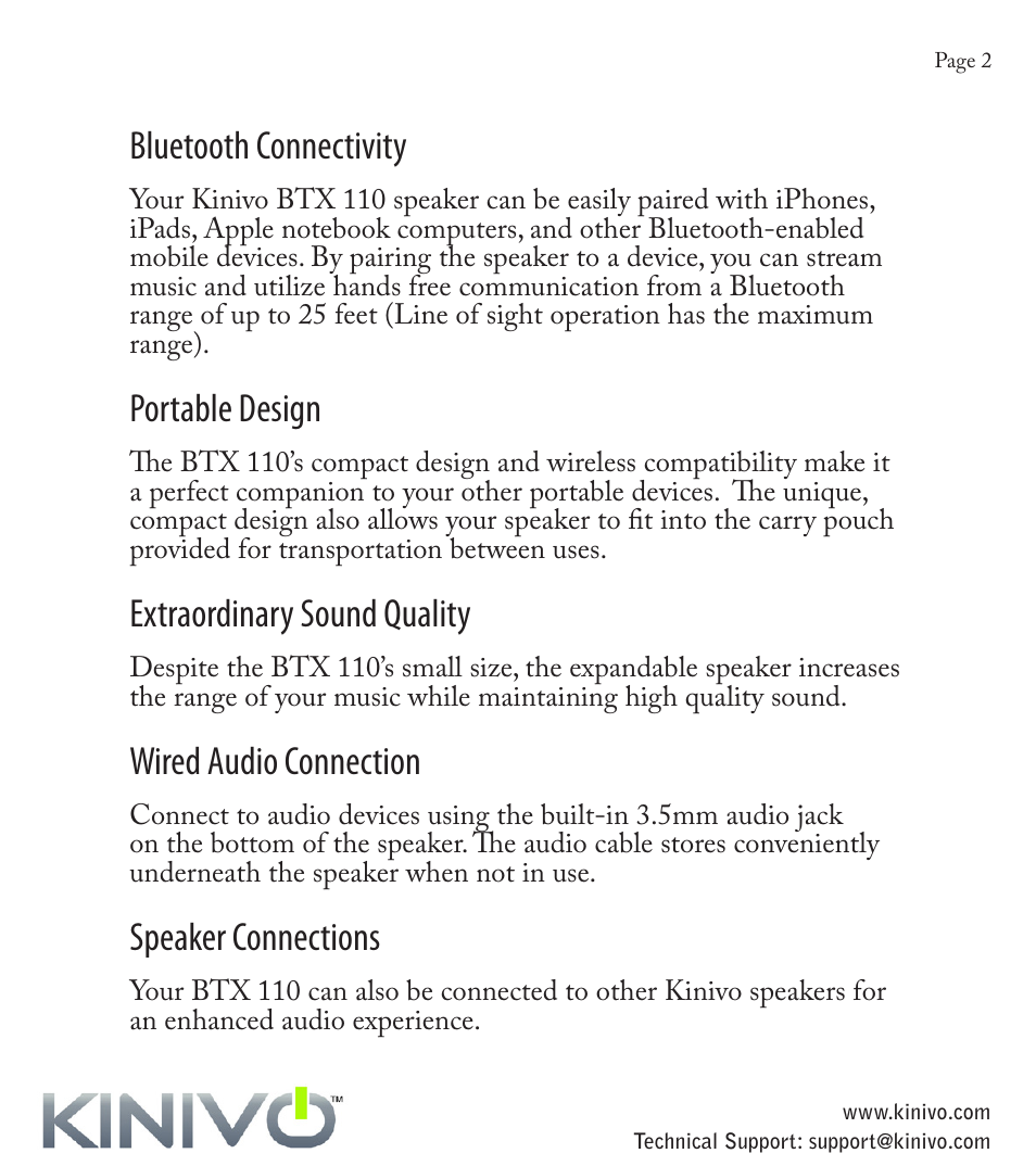 Bluetooth connectivity, Portable design, Extraordinary sound quality | Wired audio connection, Speaker connections | Kinivo BTX110 Wireless Bluetooth Mini Portable Speaker User Manual | Page 5 / 27