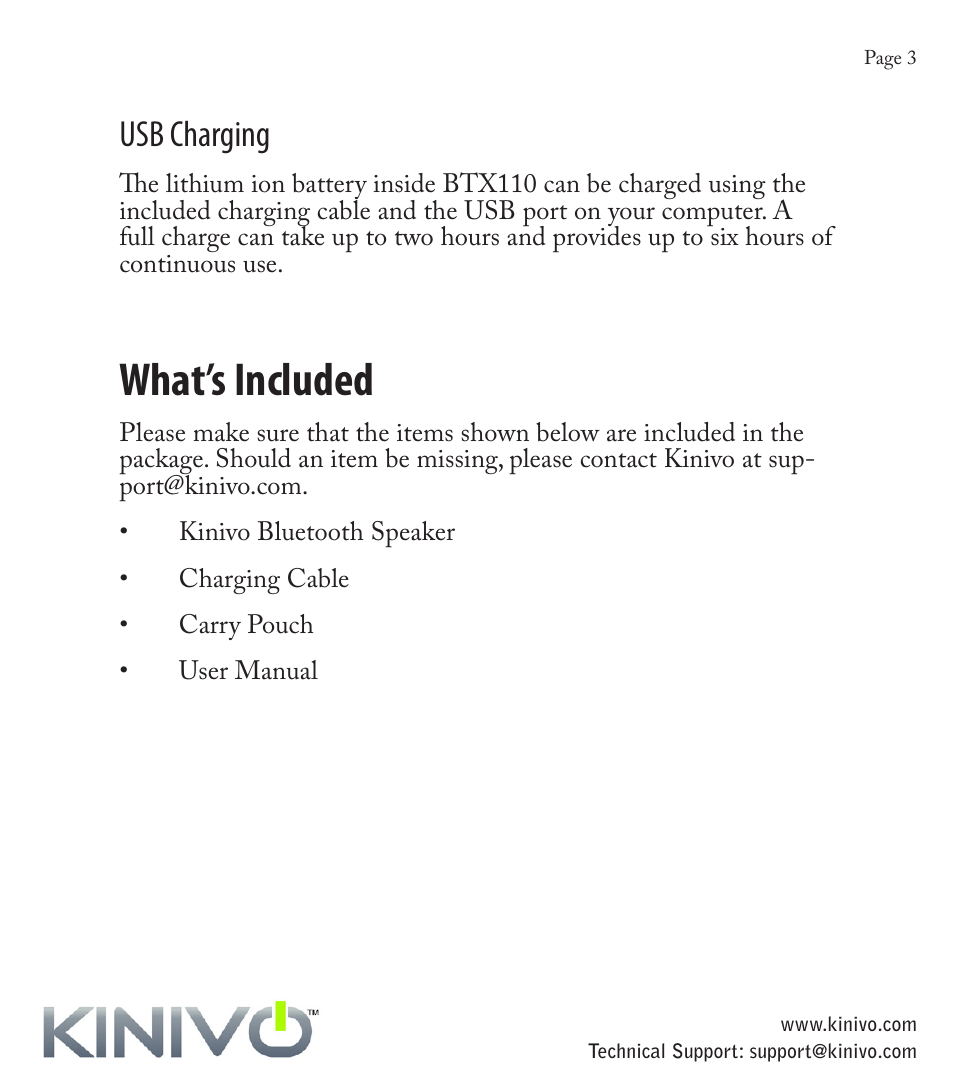 What’s included, Usb charging | Kinivo BTX110 Wireless Bluetooth Mini Portable Speaker User Manual | Page 6 / 27