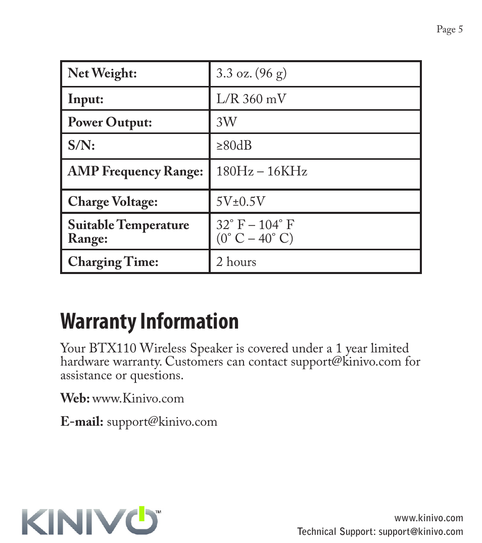 What’s included, Warranty information | Kinivo BTX110 Wireless Bluetooth Mini Portable Speaker User Manual | Page 8 / 27