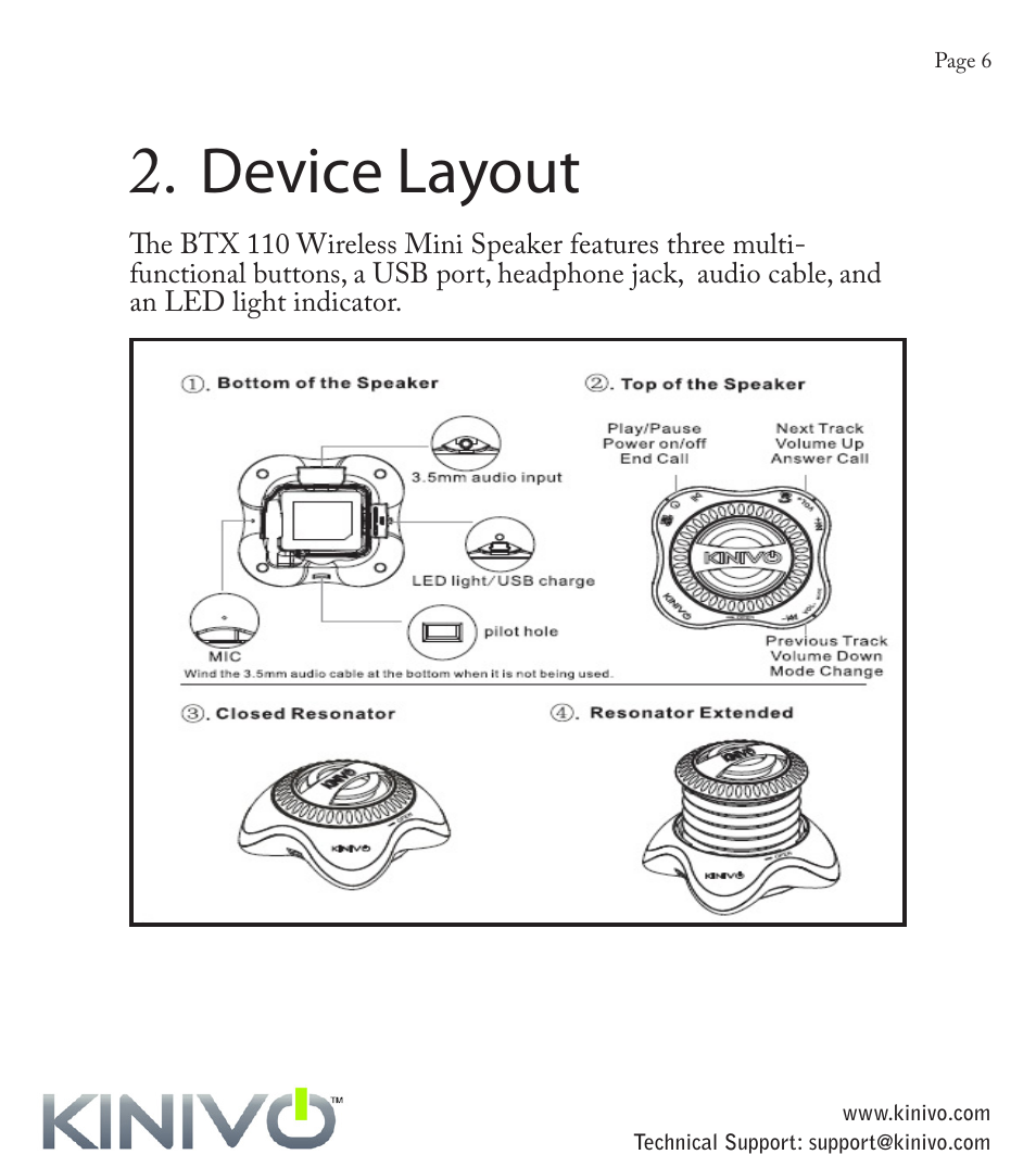 Device layout | Kinivo BTX110 Wireless Bluetooth Mini Portable Speaker User Manual | Page 9 / 27