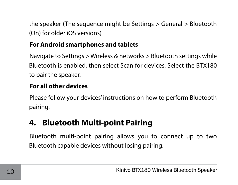 Bluetooth multi-point pairing | Kinivo BTX180 Wireless Bluetooth Speaker User Manual | Page 10 / 30